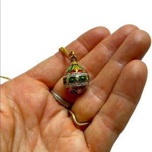 Green Red, Gold & Crystals Enamel Egg Pendant Gold Tone Necklace 25” Mark Tag